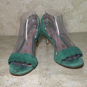Boden Green Scalloped Suede Open-Toe Slingback Sandal Heels Casual Holiday